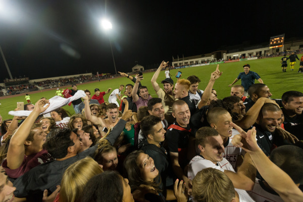 SDSU students and players join in celebration on September 2, 2016, after the Aztecs 1-0 win over Akron